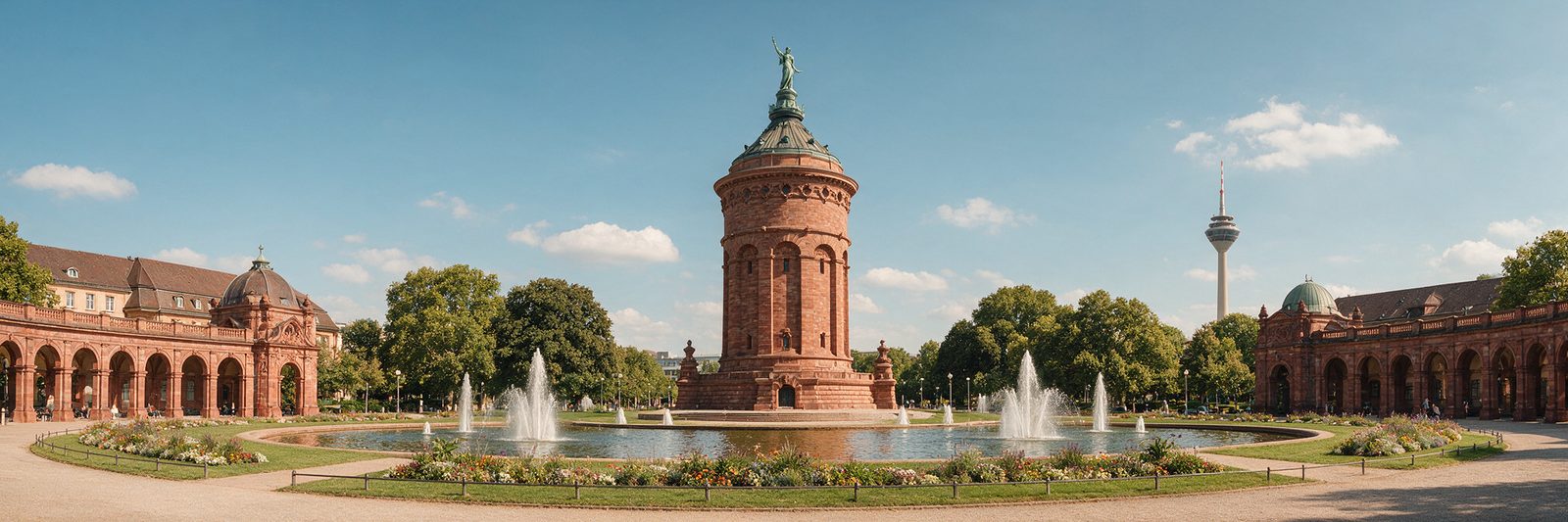 Mannheim an einem sonnigen Tag: der Wasserturm am Friedrichsplatz mit Fontänen, Jugendstil-Arkaden und dem Fernmeldeturm